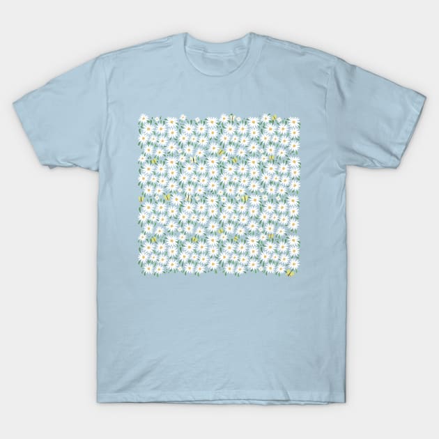 The most Summer fresh pattern with lots of white marguerites/daisies and yellow butterflies T-Shirt by marina63